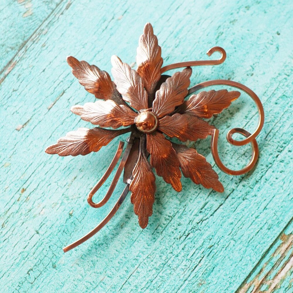 1950s Renoir Copper Brooch – Sculptural Leaf Spray, Signed Vintage Pin